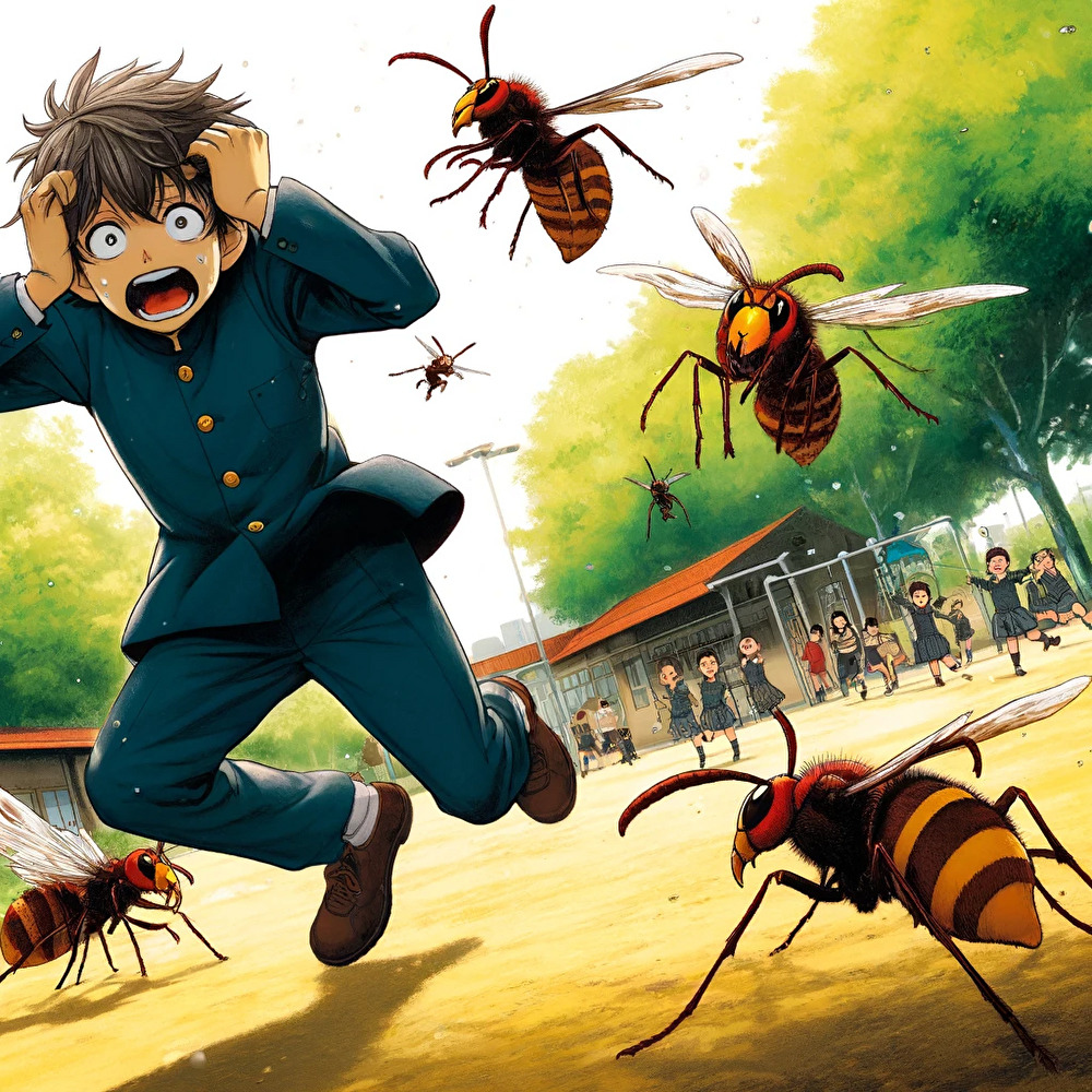 公園でスズメバチに襲われる学生